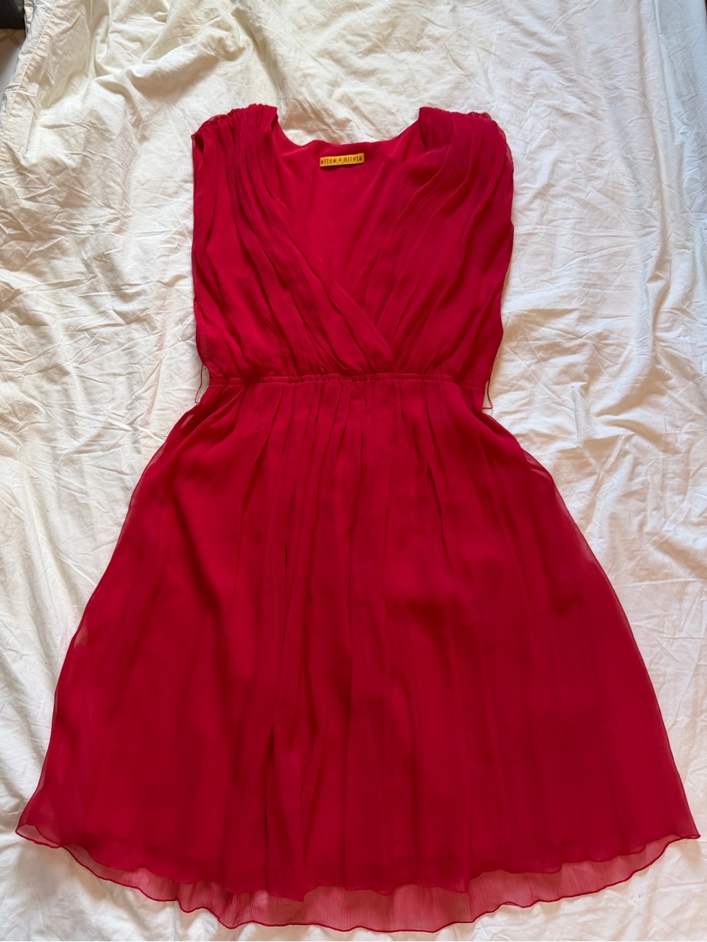 Alice + Olivia Shana Tomato Red Pleated 100% Silk Mini Dress
